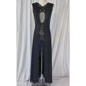 Vintage Blanche Black Nylon Lace Slit Night Gown Small Deep V Back Boudoir